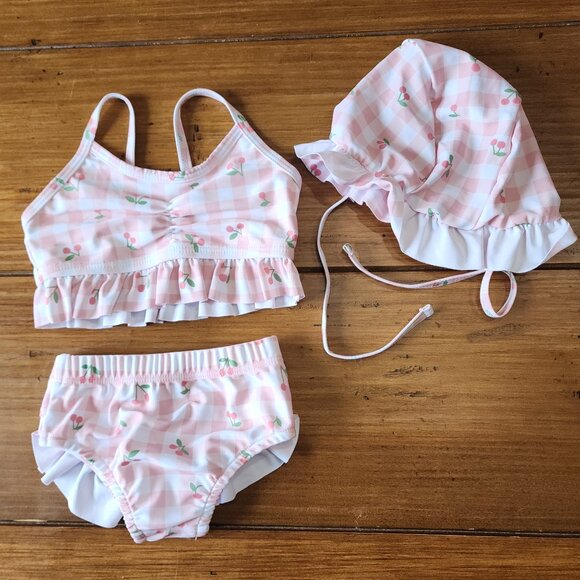 Baby Girl Cherry Print Plaid Bikini Swimsuit & Cap NWOT - Picture 2 of 14